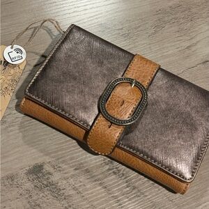 Catchfly Metallic Brown Buckle Large Flap Wallet NWT